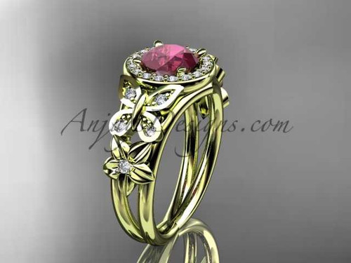 Ruby Engagement Rings, 14kt Yellow Gold Flower Bridal Ring, Halo Diamond Ring ADRB524 July's birthstone Butterfly ring