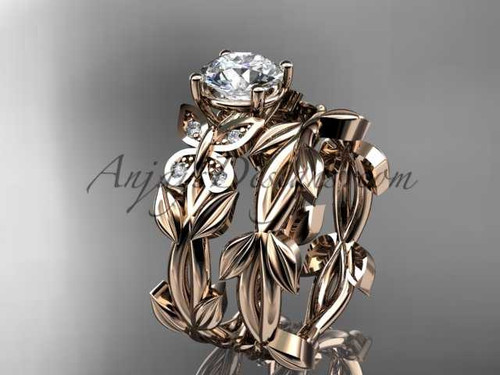 Moissanite Butterfly Wedding Set 14k rose gold Modern Bridal Rings ADLR526S