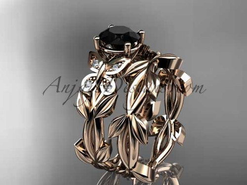 Black Diamond Butterfly Wedding Set 14k rose gold Modern Bridal Rings ADLR526S