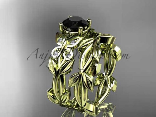 Black Diamond Butterfly Wedding Set 14k yellow gold Modern Bridal Rings ADLR526S