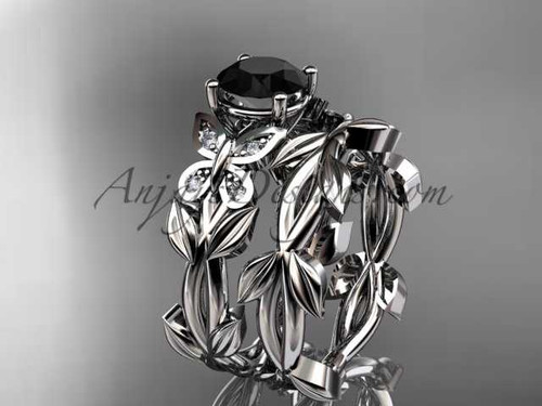 Black Diamond Butterfly Wedding Set Platinum Modern Bridal Rings ADLR526S