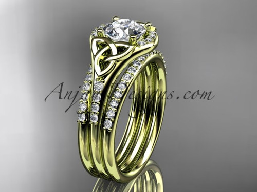 Celtic Diamond Wedding Ring with Double Wedding Band, Yellow Gold Moissanite Engagement Ring