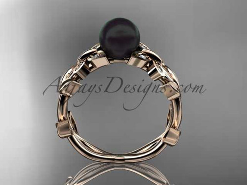 Butterfly Engagement Rings 14k rose gold ring with Black pearl, leaf wedding ring ABP526