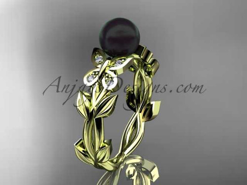 Butterfly Engagement Rings 14k yellow gold ring with Black pearl, leaf wedding ring ABP526
