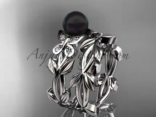 Butterfly Bridal Ring sets 14k white gold ring with Black pearl, leaf wedding ring ABP526S