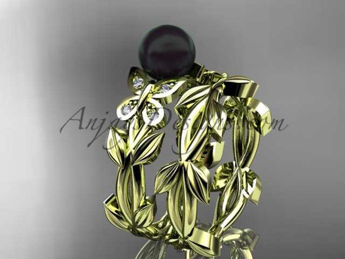 Butterfly Bridal Ring sets 14k yellow gold ring with Black pearl, leaf wedding ring ABP526S