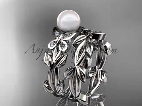 Butterfly Bridal Ring sets 14k white gold ring with pearl, leaf wedding ring AP526S