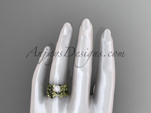 Butterfly Bridal Ring sets 14k yellow gold ring with pearl, leaf wedding ring AP526S