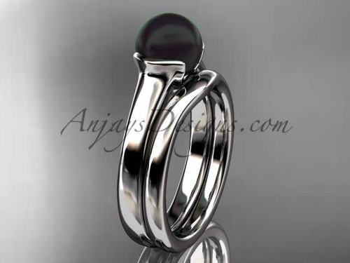 Black Cultured Pearl Bridal Ring Sets 14kt White Gold Antique Engagement Ring VBP10016S