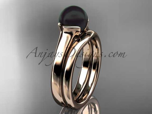 Black Cultured Pearl Bridal Ring Sets 14kt Rose Gold Antique Engagement Ring VBP10016S