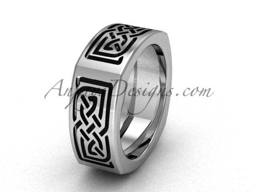 Square 7.9 mm wide wedding band, 14Kt white gold celtic bridal ring CT7604G