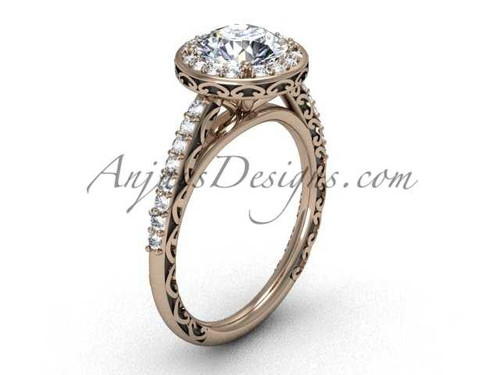 Modern Halo Engagement Rings, 14k Rose Gold Unique Dream Ring with a "Forever One" Moissanite center stone SGT615