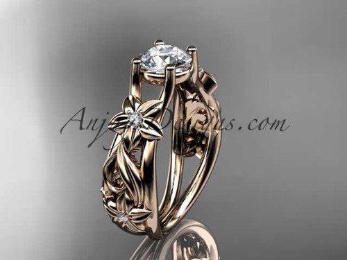 14kt rose gold diamond floral wedding ring, engagement ring with a "Forever One" Moissanite center stone ADLR216