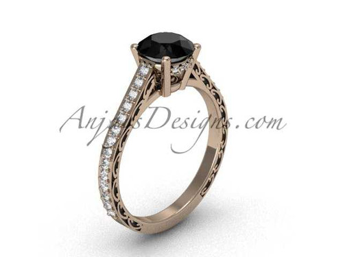 Antique Black Diamond Engagement Rings, 14k Rose Gold Modern Wedding Ring SGT618