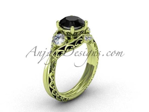Solitaire Rings, 14kt Yellow Gold Black Diamond Engagement Ring, Wedding Ring for women SGT624