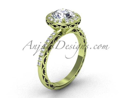 Solitaire Engagement Rings, 14k Yellow Gold Unique Vintage Halo Diamond Ring SGT625