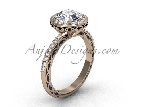 Solitaire Round Halo Engagement Rings, 14k Rose Gold Dream Ring with a "Forever One" Moissanite center stone SGT625 Solitaire Round Halo Engagement Rings, 14k Rose Gold Dream Ring with a "Forever One" Moissanite center stone SGT625