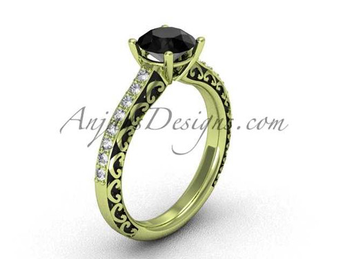 Swirl Black Diamond Rings for women, 14k Yellow Gold Simple Wedding Ring SGT629