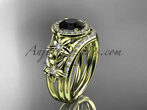 14kt yellow gold diamond floral wedding ring, engagement set with a Black Diamond center stone ADLR131S