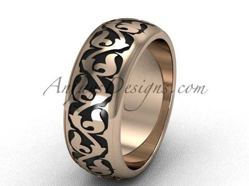 Antique Bridal Rings, 14k Rose Gold 7.6mm wide Band, Unique Wedding Band SGT650