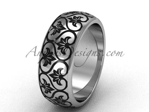 Antique Bridal Rings, 14k White Gold Wedding Band, 7.6mm wide Band SGT651