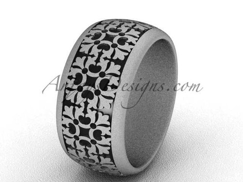 Simple Modern Bridal Rings, 14k White Gold Matte Wedding Band, 9.5 mm wide Band SGT652