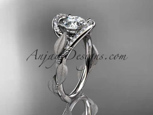 14kt white gold diamond leaf and vine wedding ring, engagement ring with "Forever One" Moissanite center stone ADLR64
