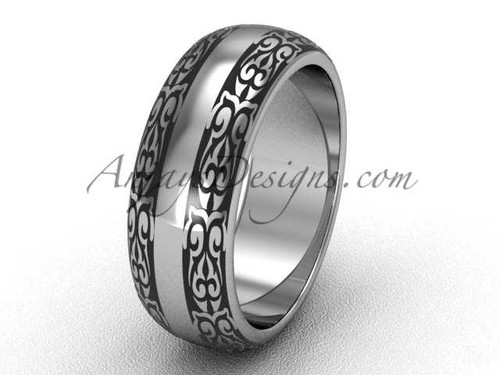 Modern Bridal Rings, 7.0 mm wide 14k White Gold Wedding Band, Unusual Band SGT643G