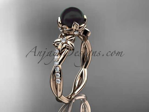 Flower Black Pearl and Diamond Bridal Ring, 14k Rose Gold Wedding Ring ABP388