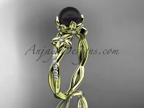 Flower Black Pearl and Diamond Wedding Ring, 14k Yellow Gold Bridal Ring ABP388