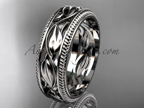 Unusual 14kt White Gold Bridal Ring, Leaf Wedding Band ADLR540G | AnjaysDesigns

