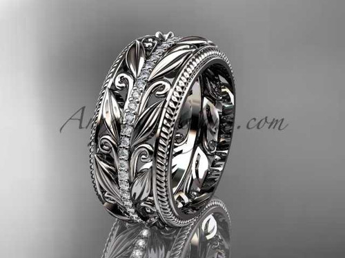 Diamond Wedding Band, 14kt White Gold Leaf Marriage Ring ADLR576B