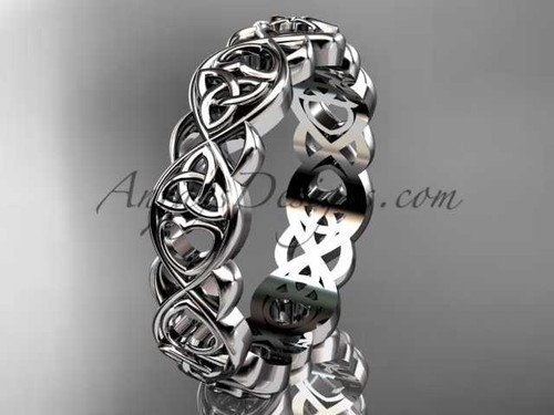 Unusual wedding band with Hearts, 14Kt White Gold Celtic Wedding Band, Triquetra Engagement Ring CT7564G