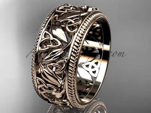 Triquetra and Leaf Wedding Band, 14Kt Rose Gold Celtic Anniversary Ring, Irish Marriage Ring CT7596G