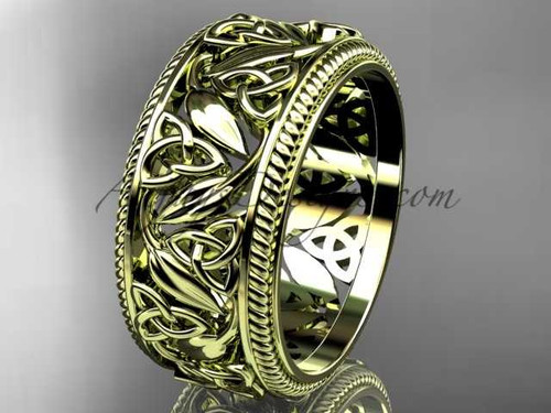Modern Celtic Engagement Ring Band, 14Kt Yellow Gold Leaf Wedding Band, Triquetra Marriage Ring CT7596G