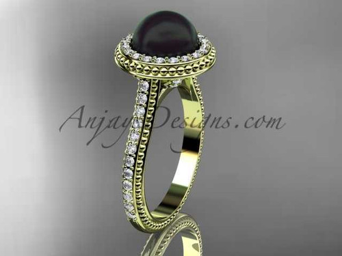 Halo Diamond & Tahitian Black Cultured Pearl Ring, Trendy 14kt Yellow Gold Pearl Wedding Ring ABP97