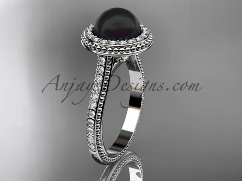 Timeless Black Cultured Pearl and Diamond Wedding Rings, Platinum Mermaid Ring ABP97