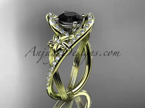 14k yellow gold leaf and flower diamond unique engagement ring, wedding ring with a Black Diamond center stone ADLR369