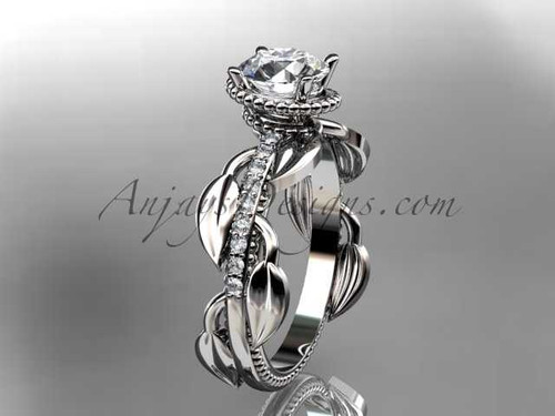 Unique 14k white gold diamond leaf and vine diamond engagement ring with a "Forever One" Moissanite center stone ADLR231