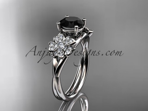 Trendy Black Diamond Cherry Blossom Wedding Ring, White Gold Artisan Engagement Ring