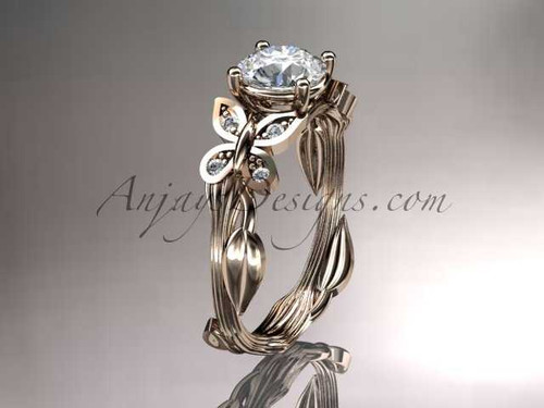 14kt rose gold diamond leaf and vine wedding ring, engagement ring with a "Forever One" Moissanite center stone ADLR251