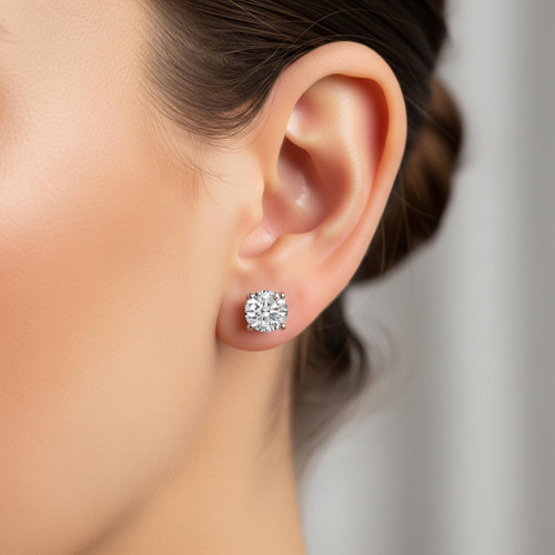 Anjays Designs lab grown diamond stud earrings in 14k white gold, classic stock image.