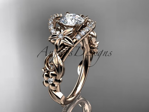 Romantic nature inspired flower engagement ring featuring 1 carat lab grown diamond in 14k rose gold, IGI certified by Anjays Designs.