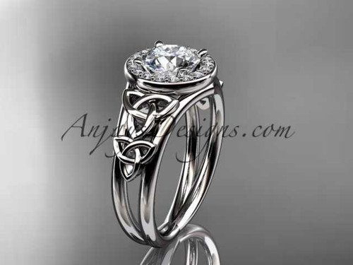 platinum diamond celtic trinity knot wedding ring, engagement ring with a "Forever One" Moissanite center stone CT7131
