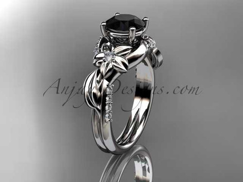 Unique Platinum diamond flower, leaf and vine wedding ring, engagement ring with a Black Diamond center stone ADLR224