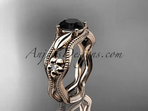 14k rose gold leaf and flower diamond unique engagement ring with a Black Diamond center stone ADLR382