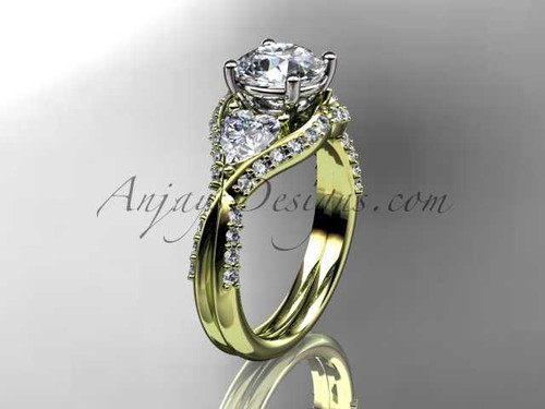 Unique 14kt yellow gold diamond wedding ring, engagement ring with a "Forever One" Moissanite center stone ADLR319