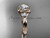 14kt rose gold twisted rope three stone engagement ring with a "Forever One" Moissanite RP8146