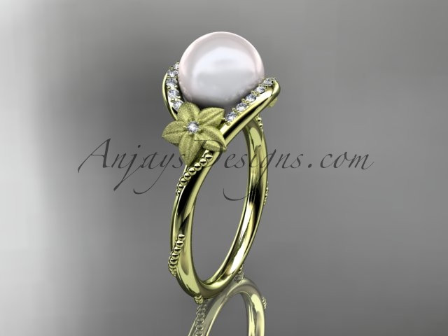 14k yellow gold diamond leaf and vine, floral Pearl Engagement Rings, engagement ring AP166