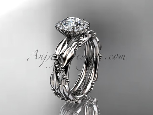 Unique Bridal Diamond Engagement Ring Set, Matching Diamond Halo